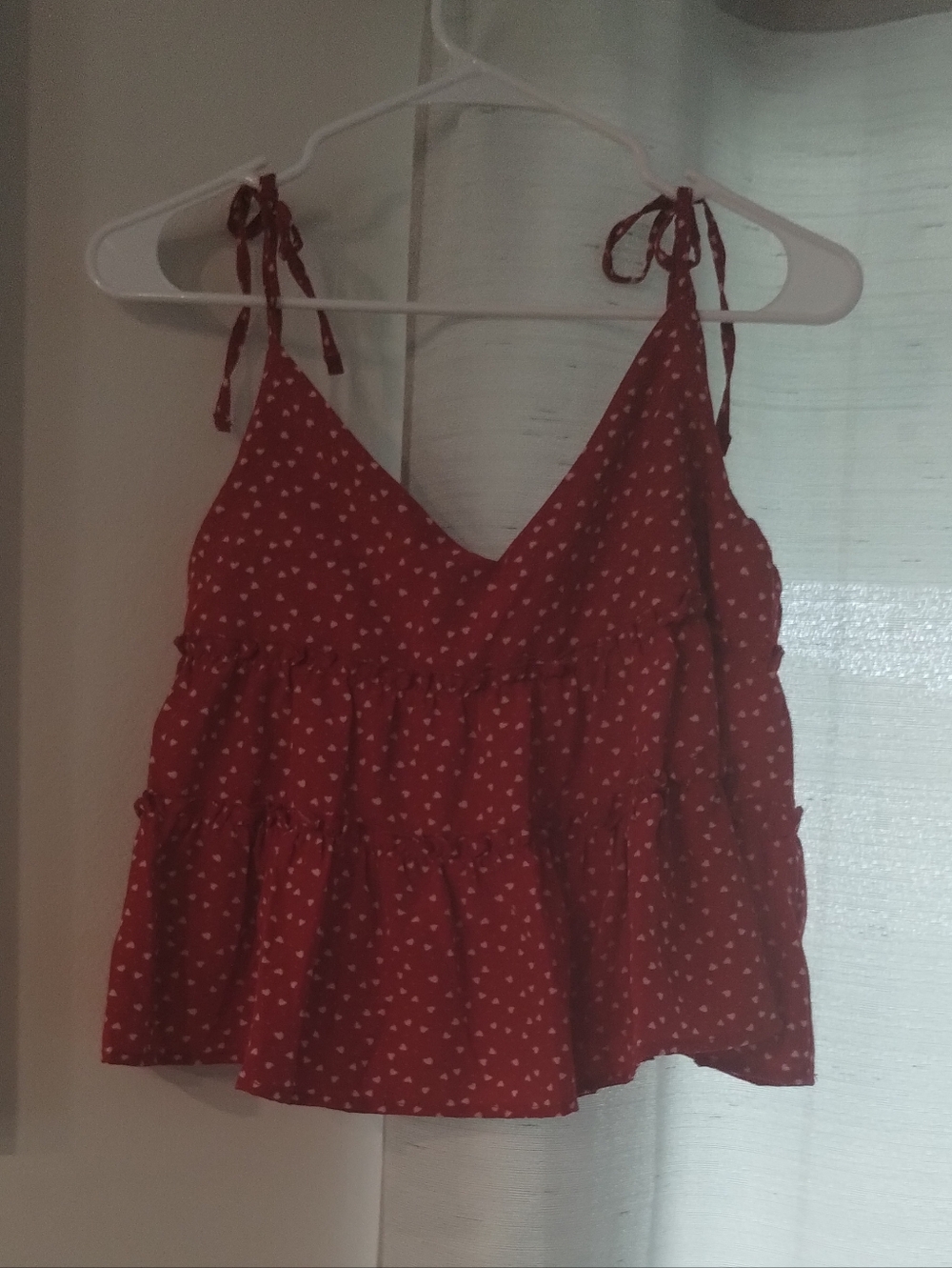 Red  Heart Tie-Shoulder Ruffle Crop Top